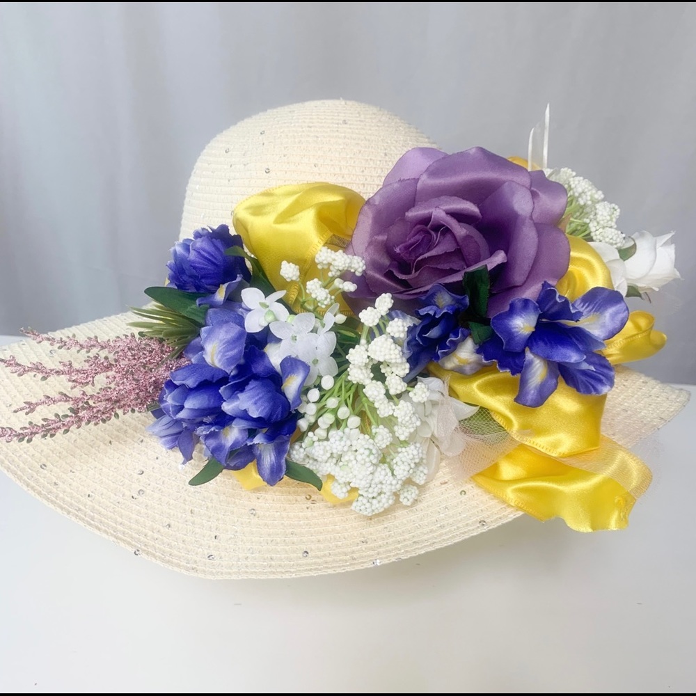 Cream Derby hat with sparkles & yellow bow -flowers added by me! Purple & white